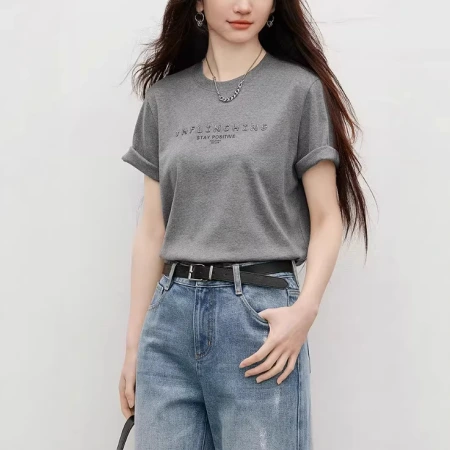 Letter embossed diamond grey T-shirt 2026 Spring/Summer New women's round-neck beautiful small top 90126060208 Letter embossed diamond grey T-shirt 2026 Spring/Summer New women's round-neck beautiful small top 90126060208
